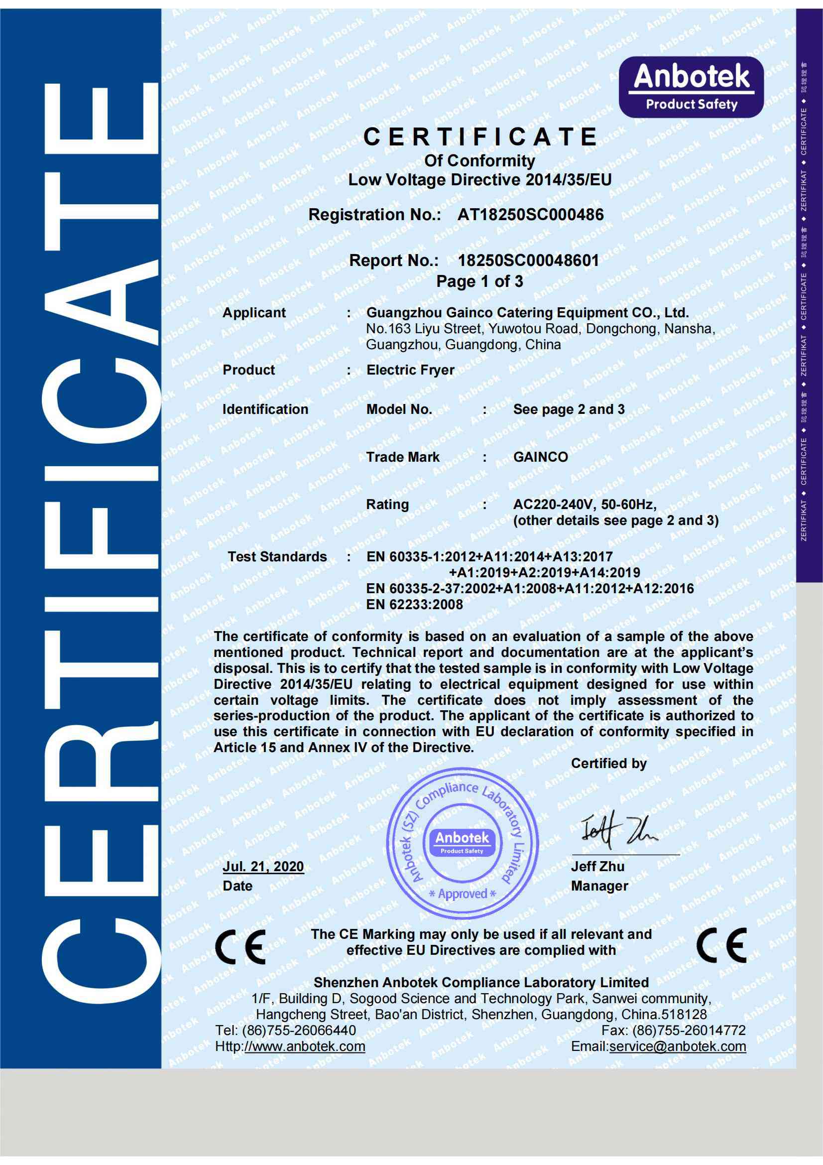 Electric fryer CE certificate