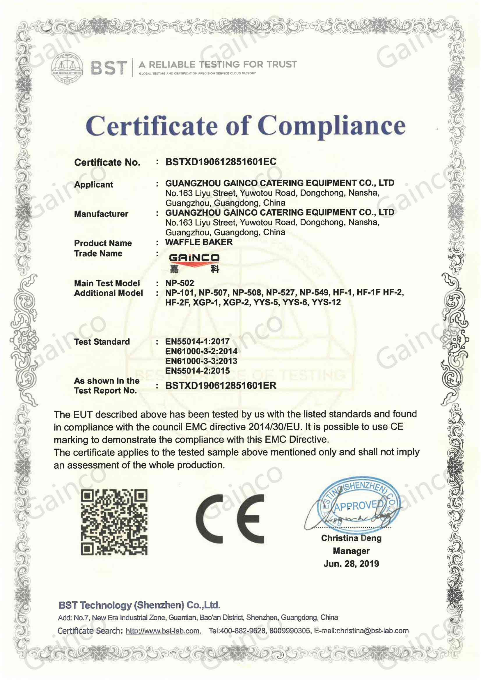Waffle maker CE-EMC certificate