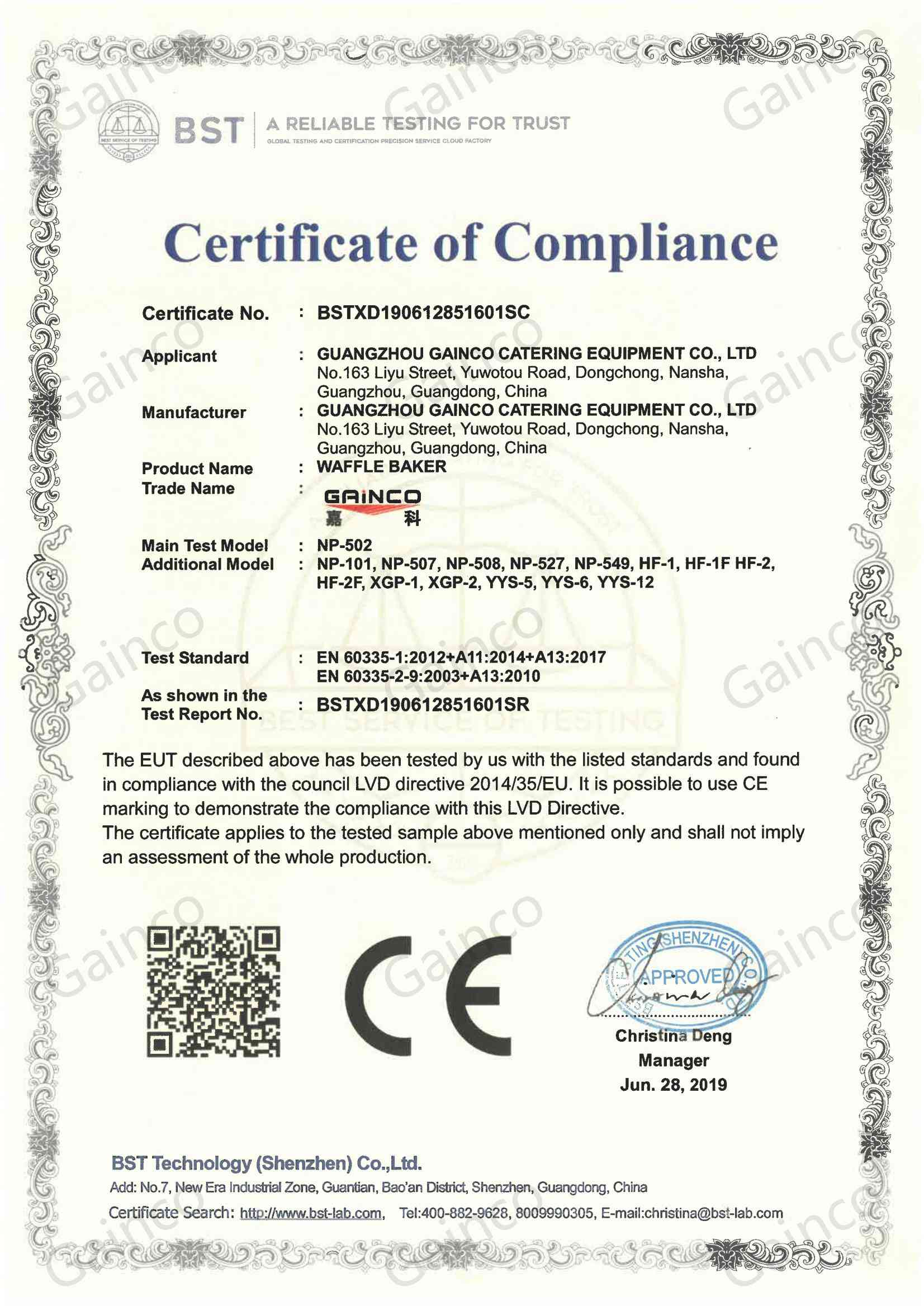 Waffle maker CE-LVD certificate