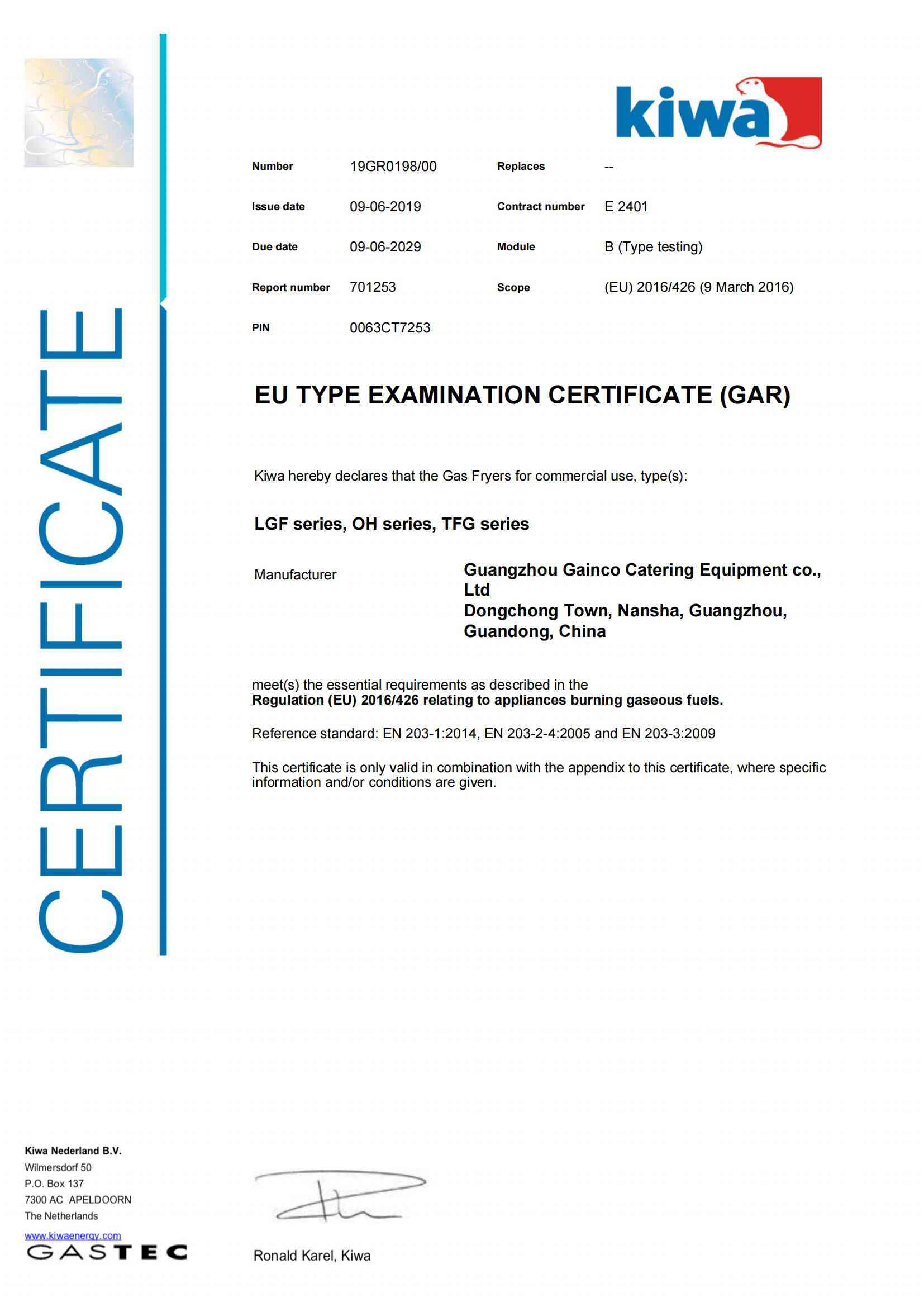 GAS-TEC certificate